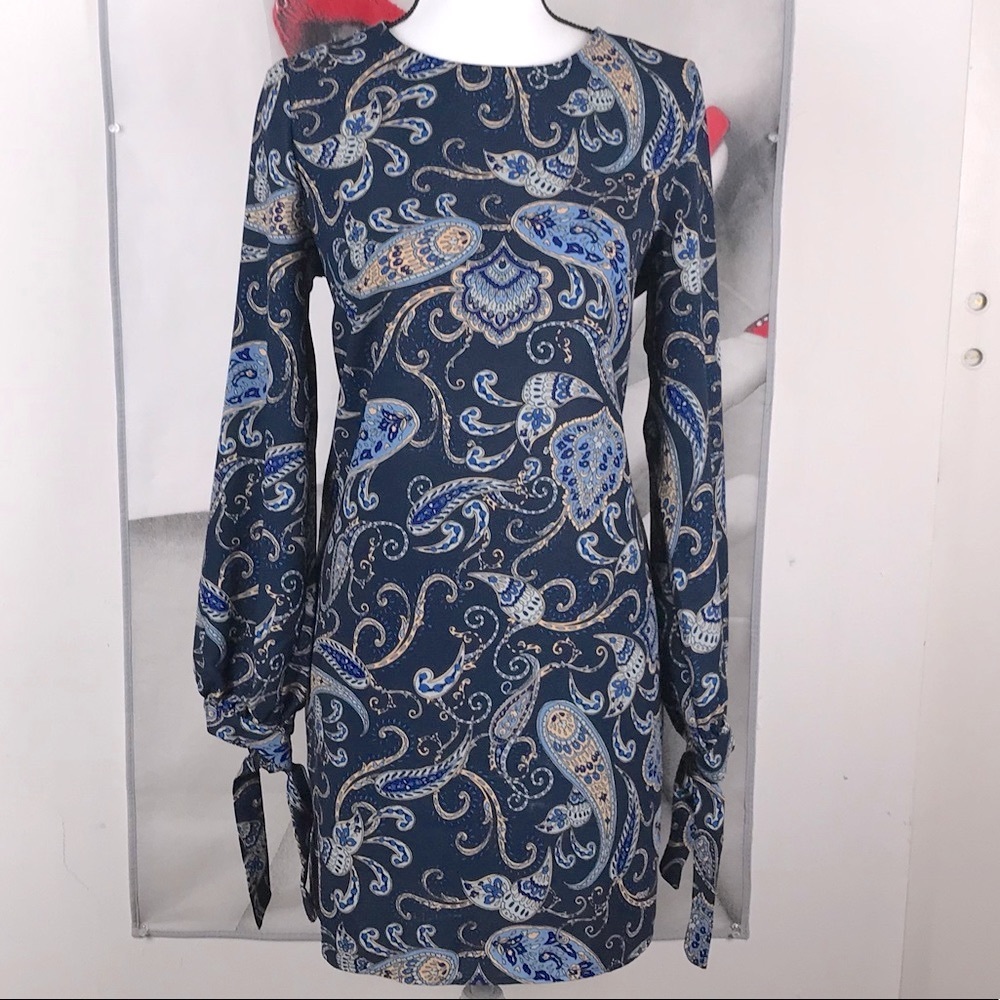 New Long Sleeve Navy Blue Paisley Dress